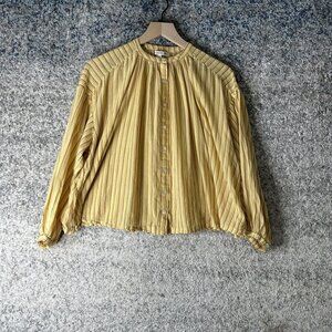 Sundry Blouse Womens Large Yellow Stripe Cotton Button Front Balloon Sleeve Top
